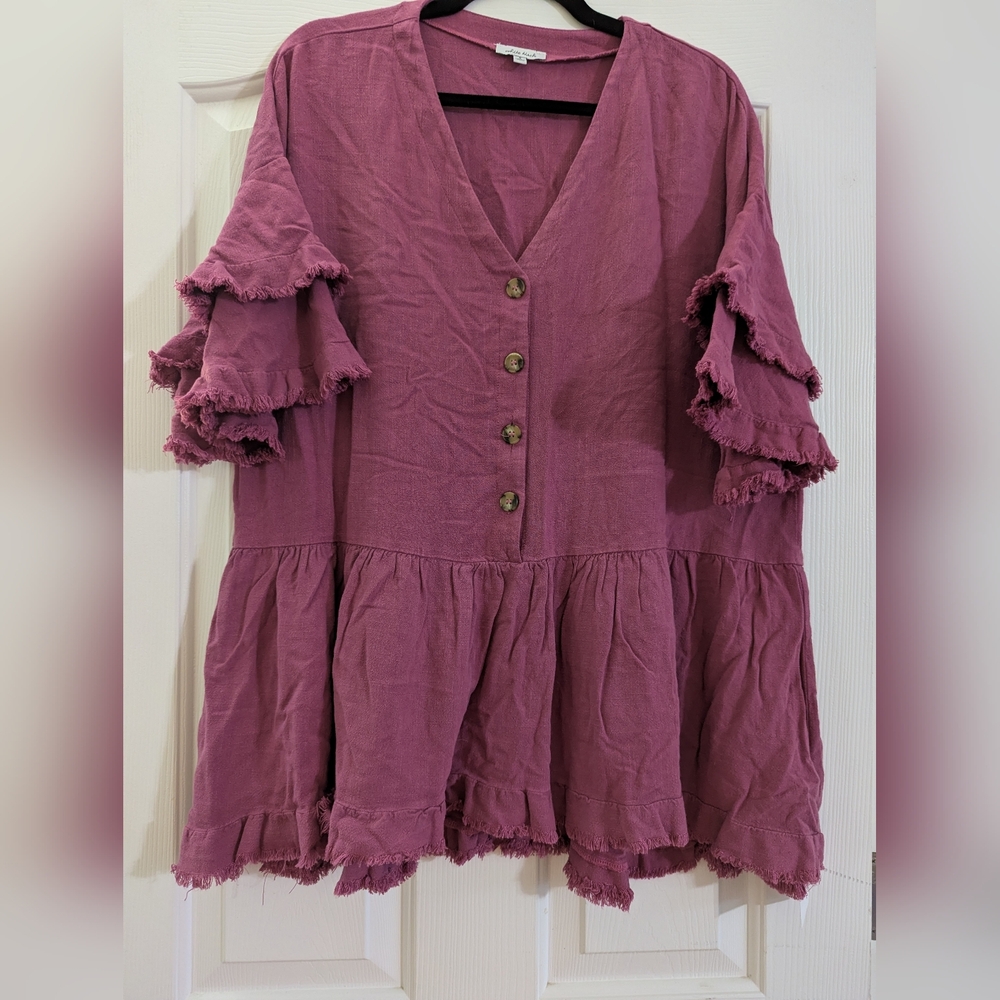 White Birch Berry Fringe Washed Babydoll Top